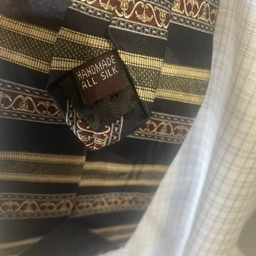 Raphael All Silk‎ Tie Handmade Italy Black Gold Red Stripe Baroque Pattern
